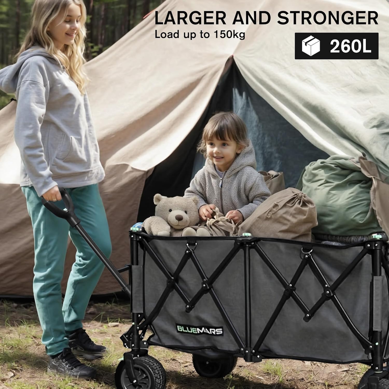 Collapsible Garden Wagon 150kg Folding Camping Trolley All Terrain Bluemars