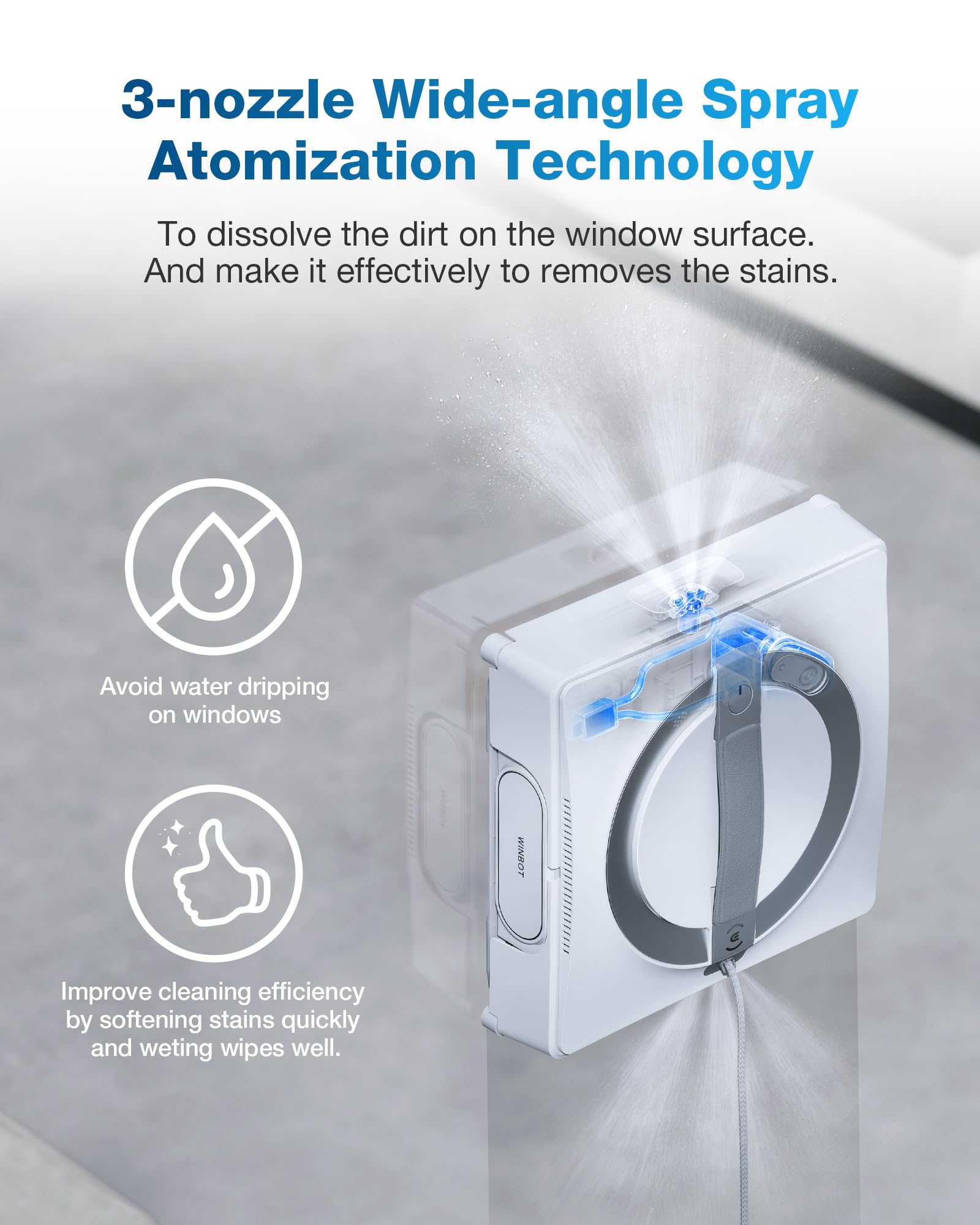 Cleaning device with text explaining wide-angle spray atomization technology on a glass surface.
