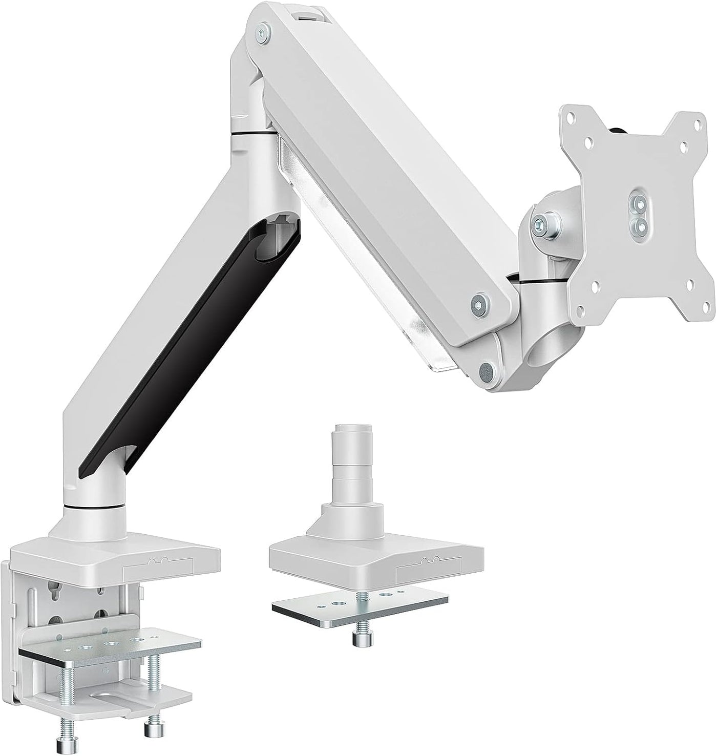 White adjustable monitor arm with attached monitor on a white background