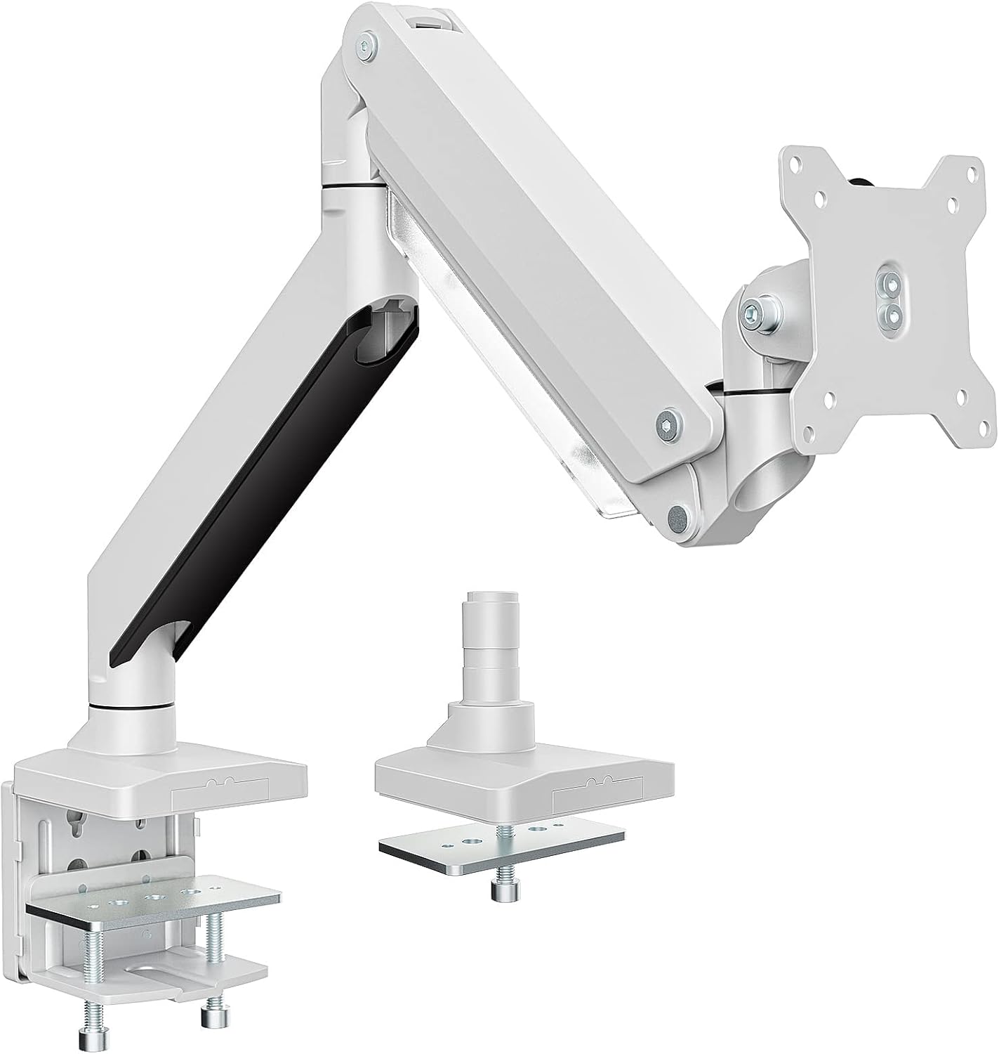 White adjustable monitor arm with attached monitor on a white background