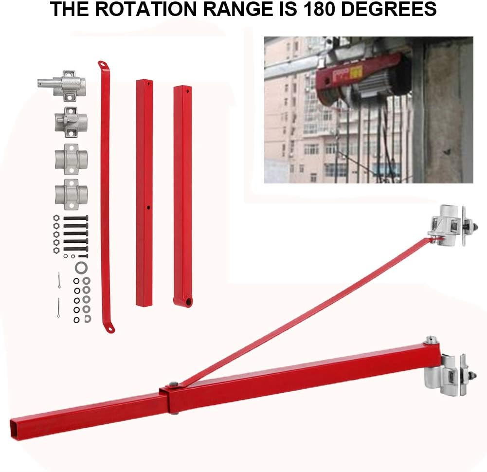 Red mechanical component with hardware on a white background, showing rotation range.