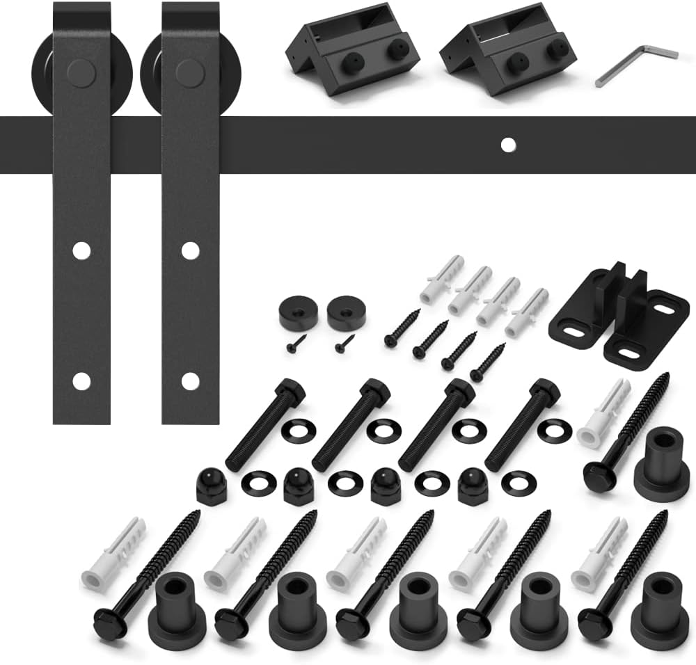 Barn door hardware kit with black components on a white background