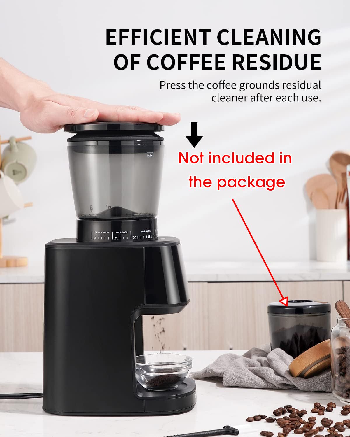 Black coffee grinder with text about efficient cleaning of coffee residue and a reminder that the cleaner is not included in the package.