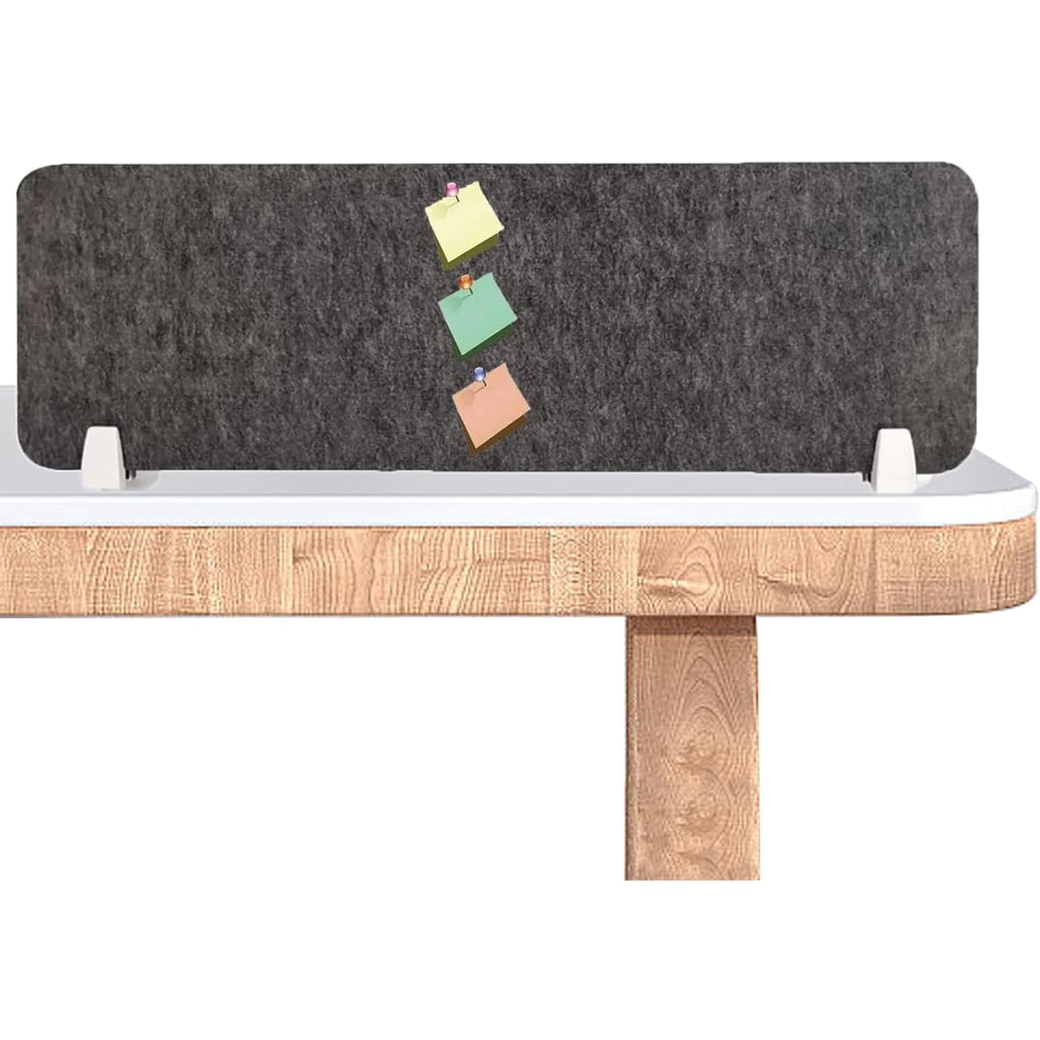 Desk screen with a gray felt panel and colorful sticky notes on a white background