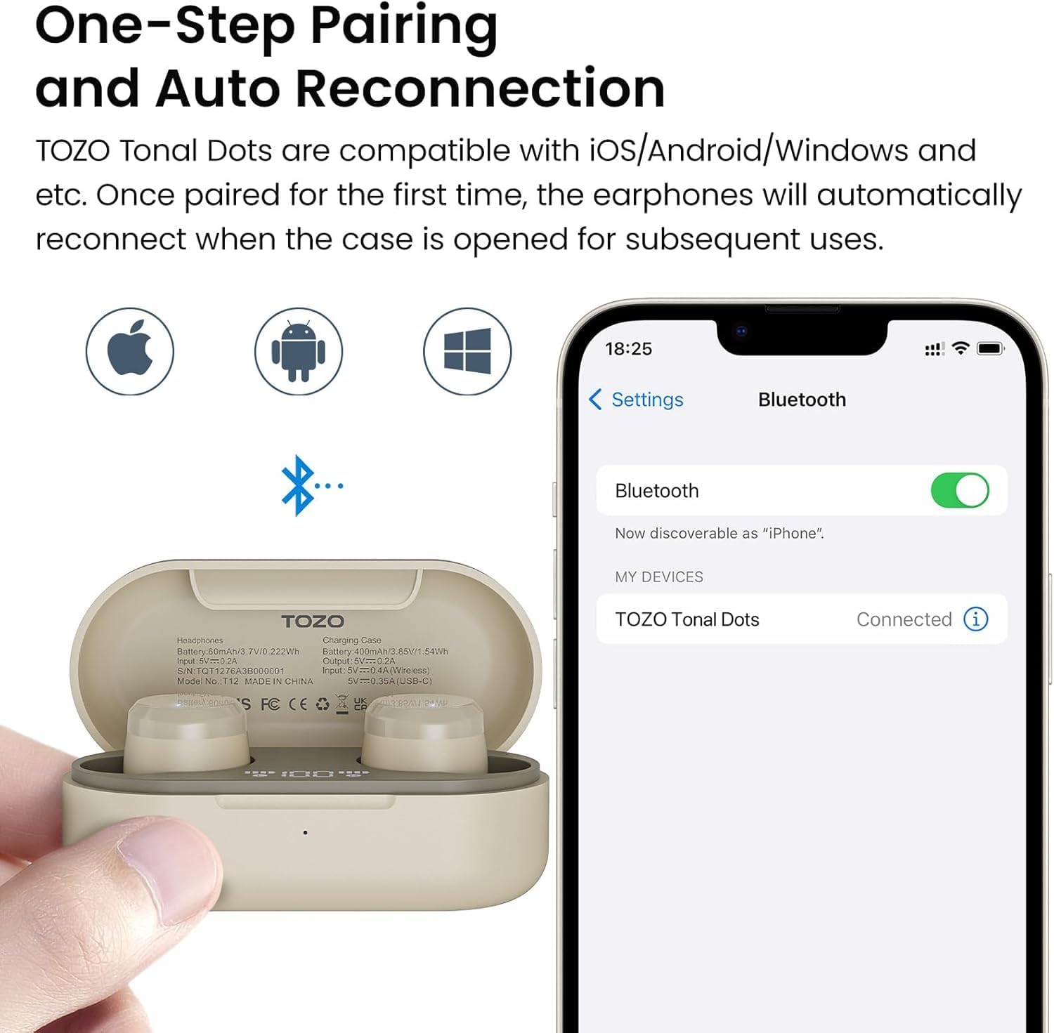TOZO Tonal Dots earbuds in case with smartphone showing Bluetooth connection on screen
