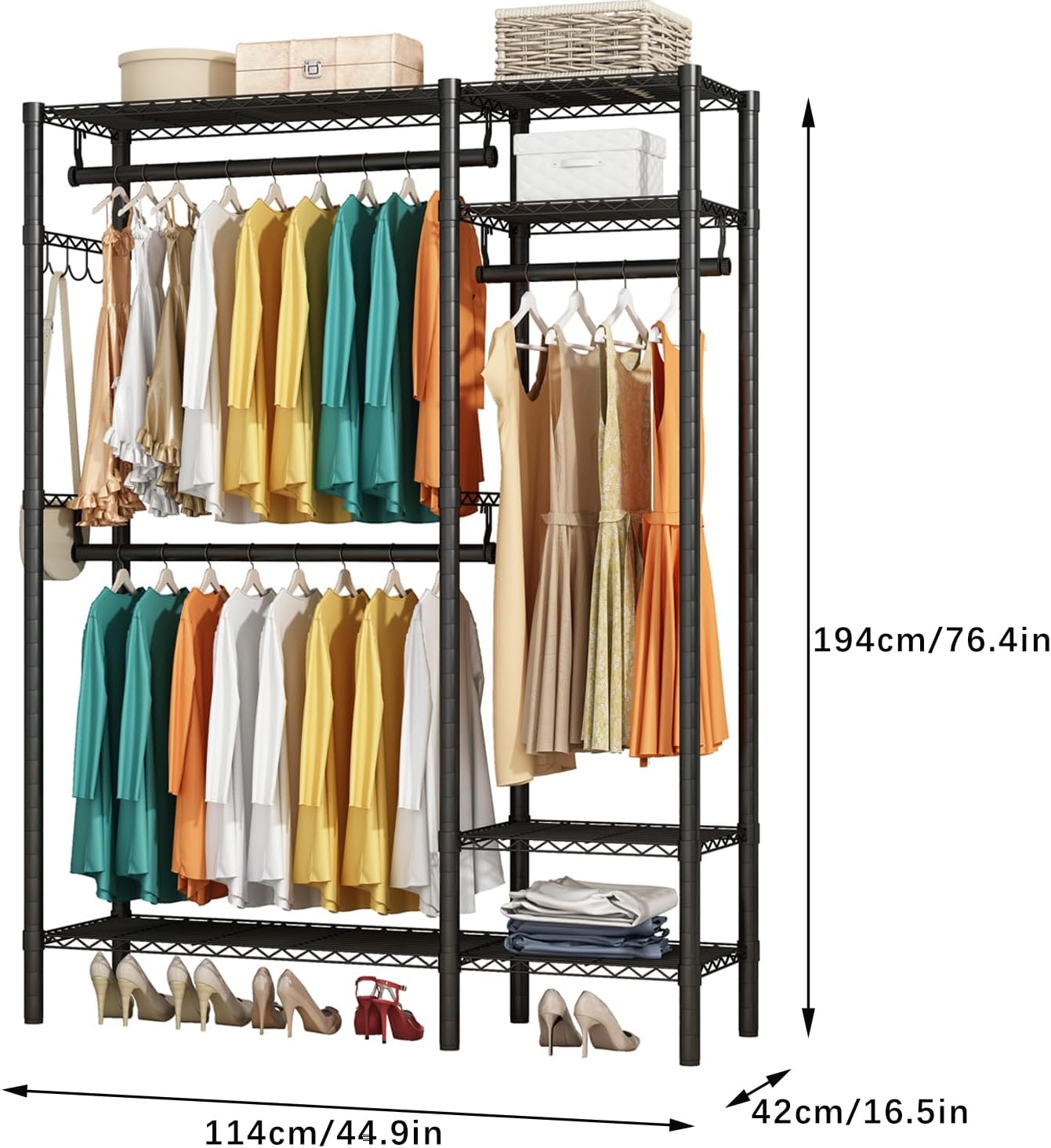 KZOBYD Heavy Duty Clothes Rack, 3 Rods, 4 Shelves, Adjustable Metal Organizer