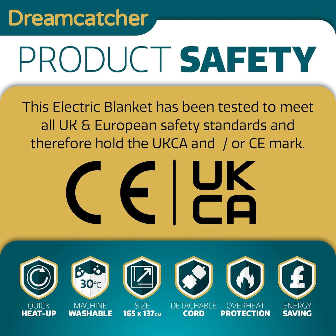 Product safety label for an electric blanket with CE and UKCA markings.