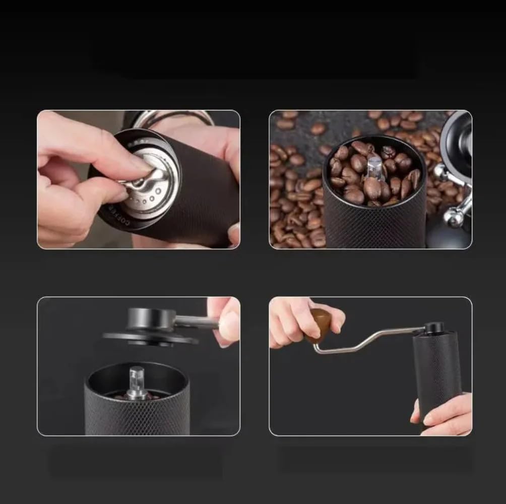 Collage of a hand using a manual coffee grinder with close-ups of beans and grinder parts.