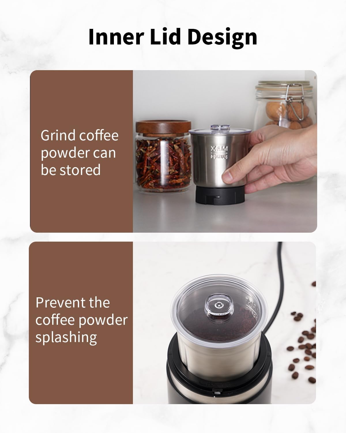 Coffee grinder with inner lid design feature, showing storage and splashing prevention.
