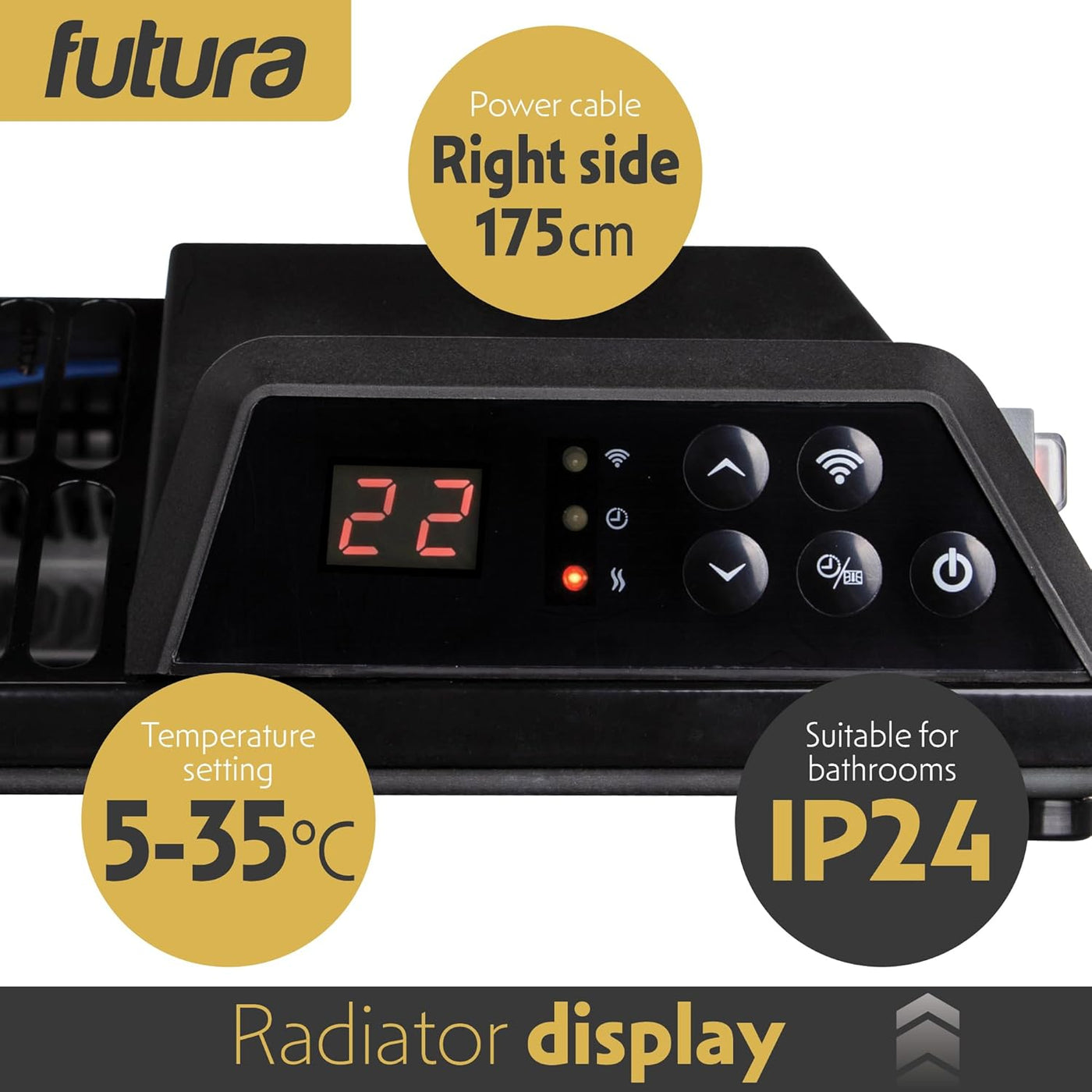 Futura radiator display with control panel and temperature settings on a white background