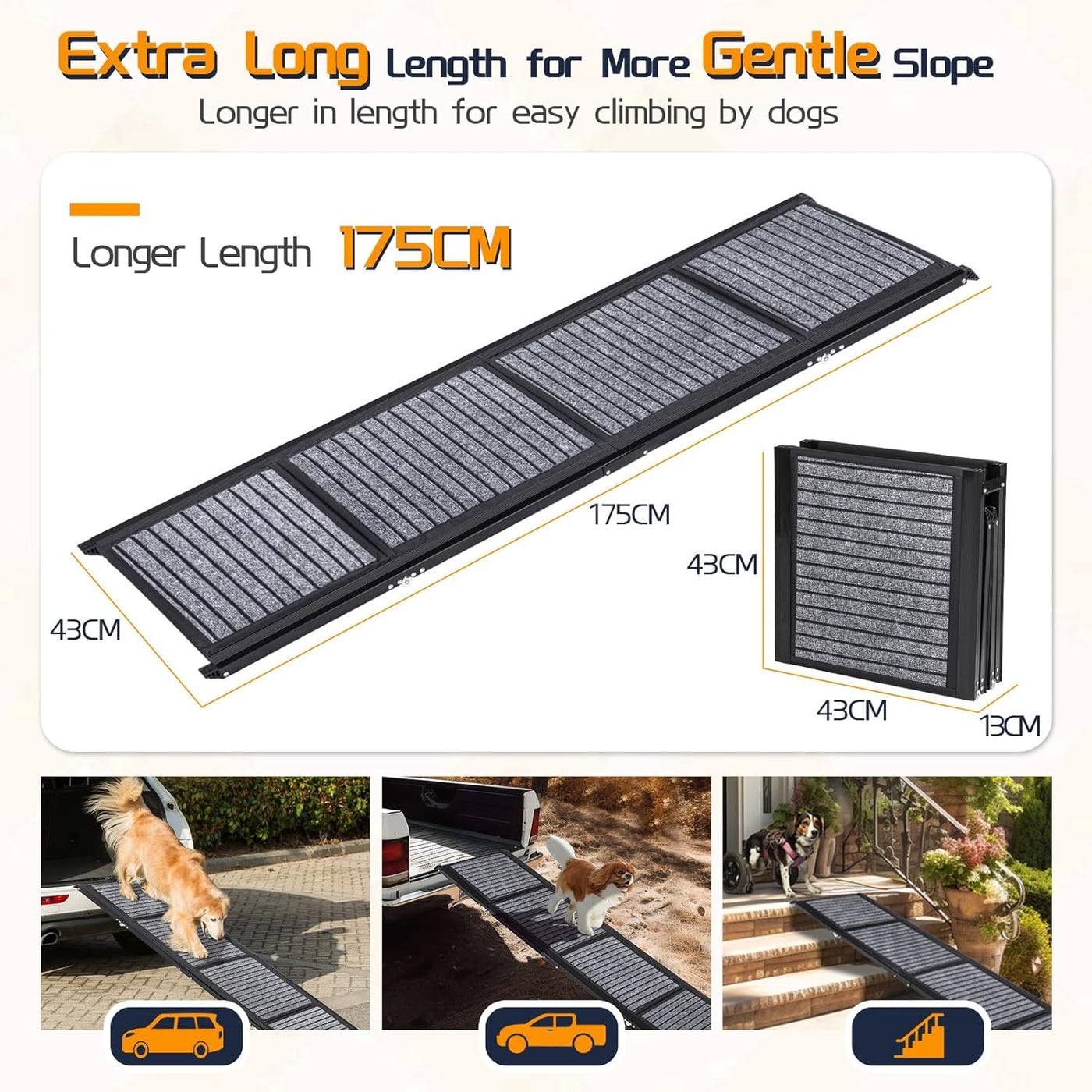 Extra Long 170CM Folding Dog Car Ramp, Non-Slip Steps for Large Dogs up to 115KG