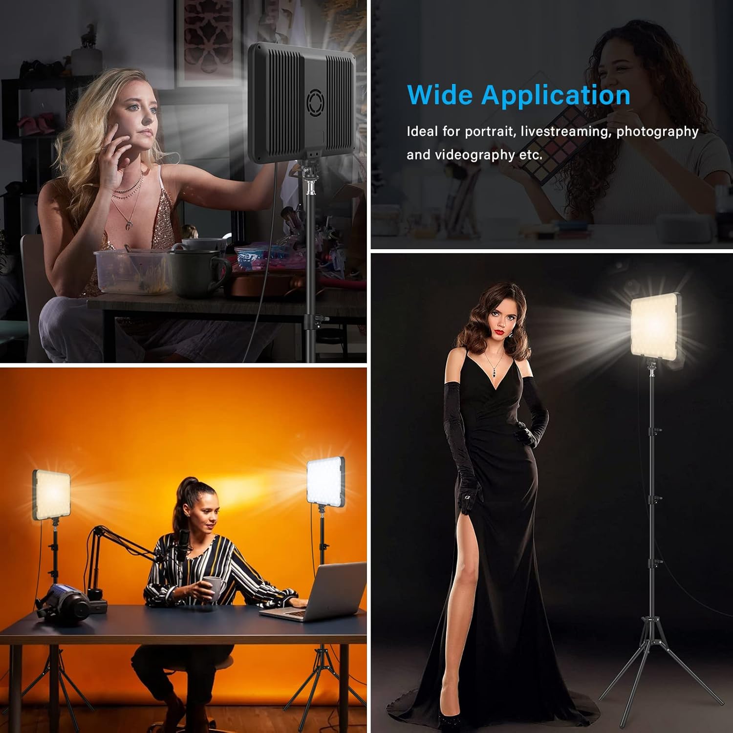 Collage of a light stand being used in various settings for portrait, livestreaming, photography, and videography.