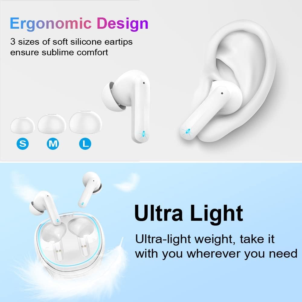 White wireless earbuds with ergonomic design and soft silicone ear tips on a light gray background.