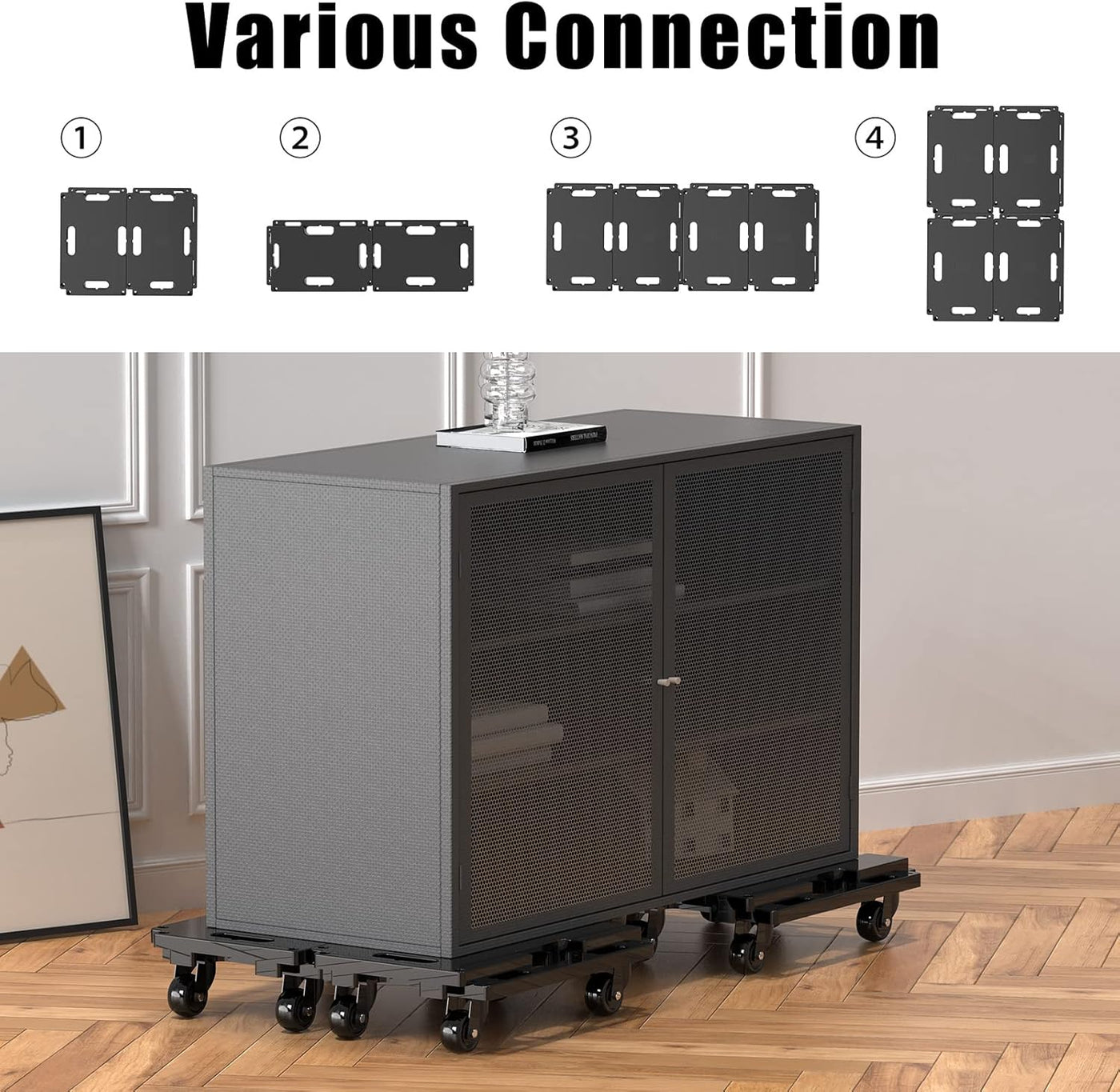 SOLEJAZZ Connectable Mobile Dolly 440LBS Heavy Duty Trolley, 4-Pack, Black