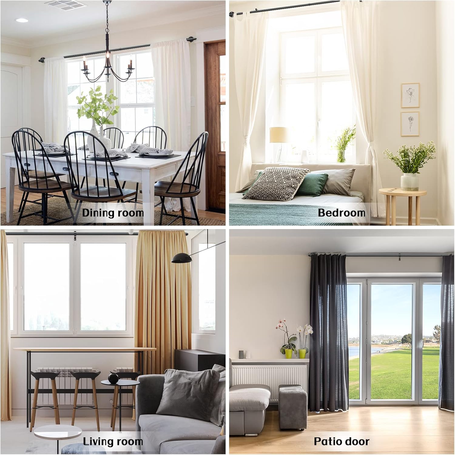 Collage of four different rooms: dining room, bedroom, living room, and patio door.