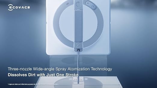 Ecovacs device with text about wide-angle spray atomization technology on a blue background