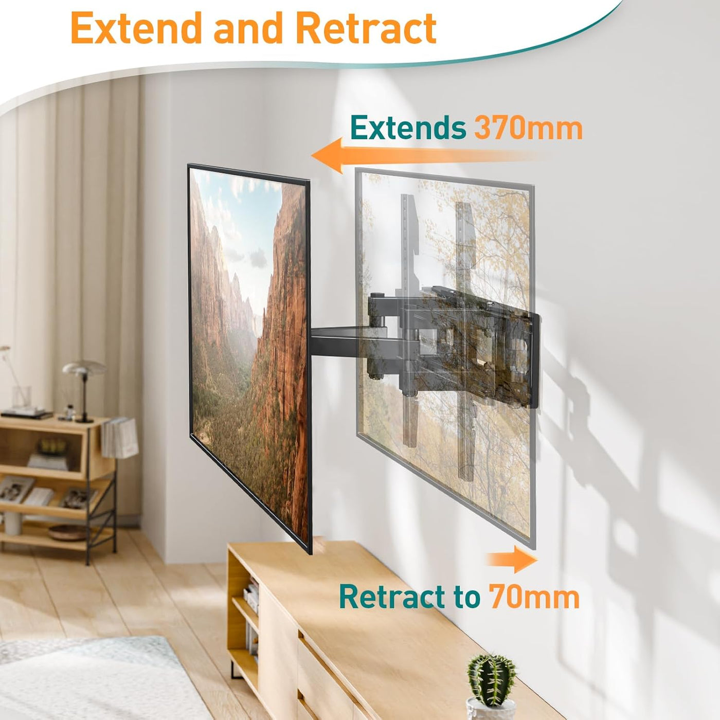TV wall mount with extendable arm in a living room setting
