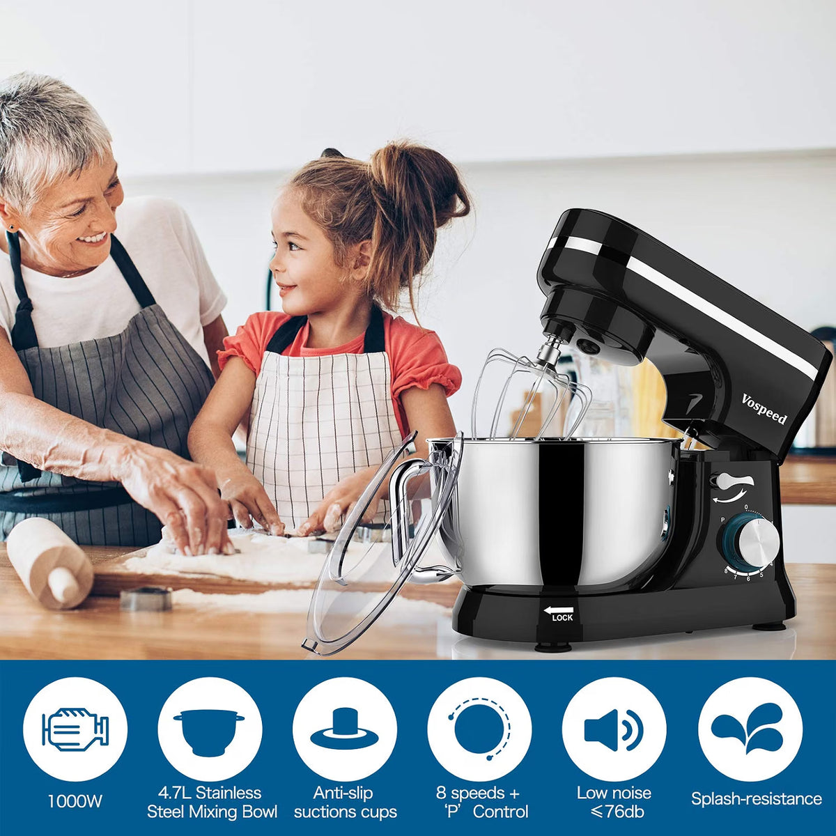 Stand Mixer 1000W 5 Quart 8 Speed Tilt Head Baking Food Mixer Black Vospeed