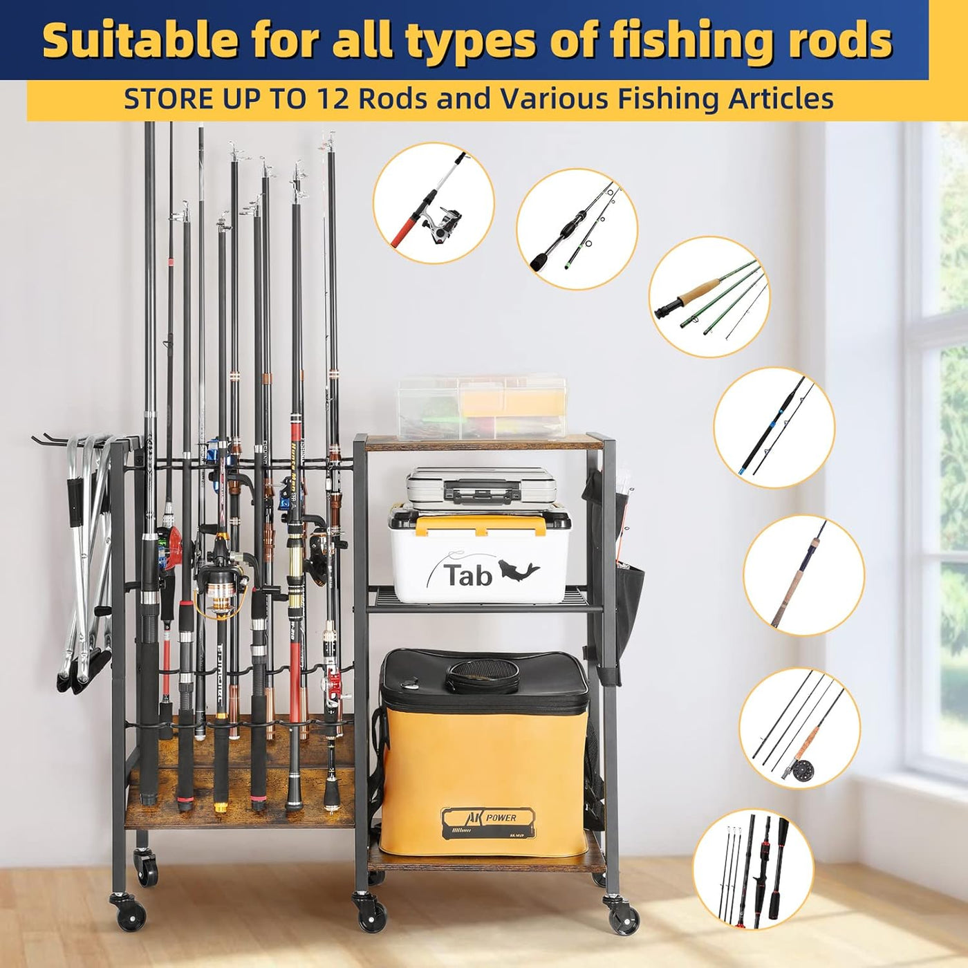 Fishing Rod Holder Organizer, Store 12 Rods, Tackle Cart for Garage & Home