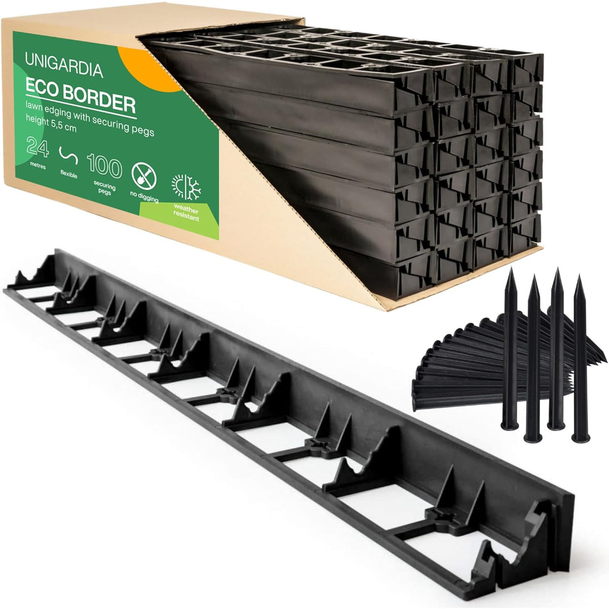 Lawn Edging 24m Flexible Plastic Garden Border 55mm 100 Fixing Pegs UNIGARDIA