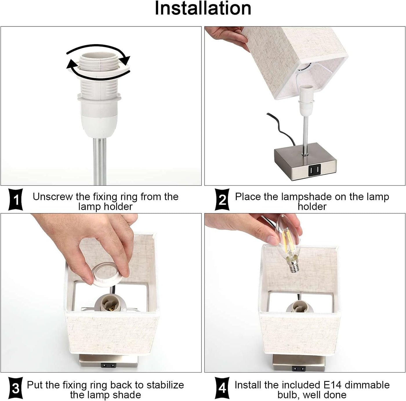 Step-by-step installation guide for a lamp with text instructions.