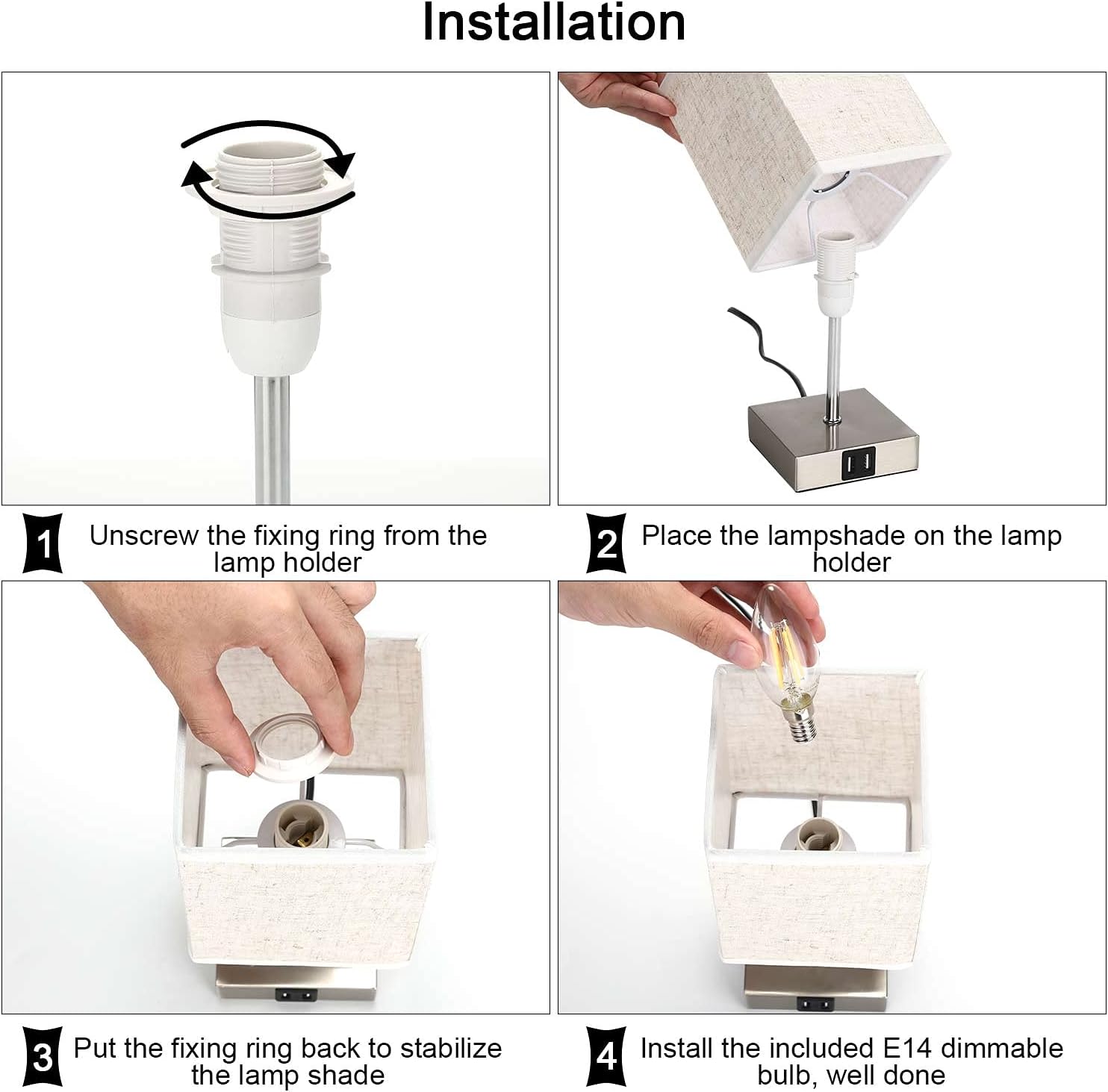Step-by-step installation guide for a lamp with text instructions.