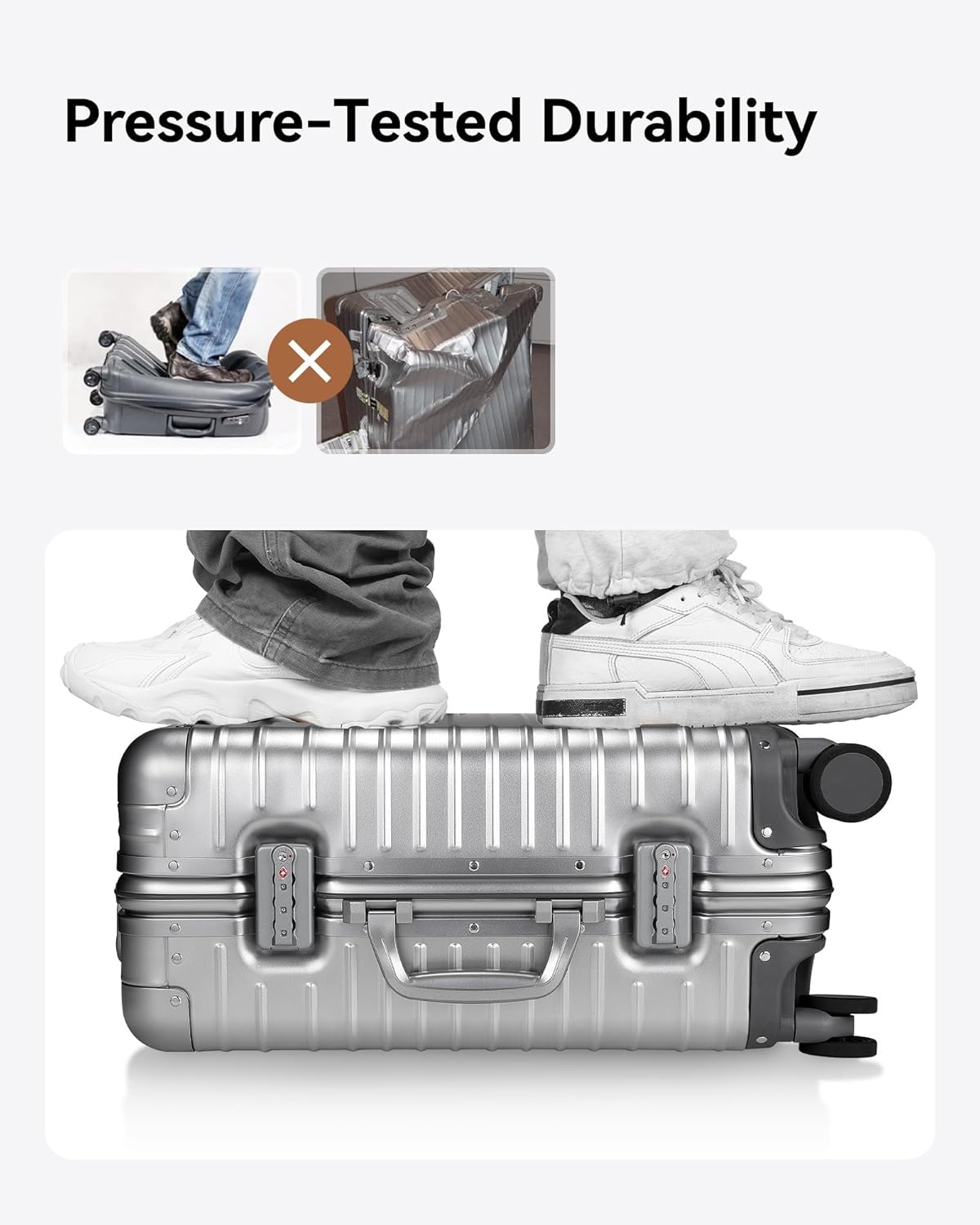 Aluminium Carry On Suitcase 55cm 40L TSA Lock 8 Spinner Wheels Silver Luggex
