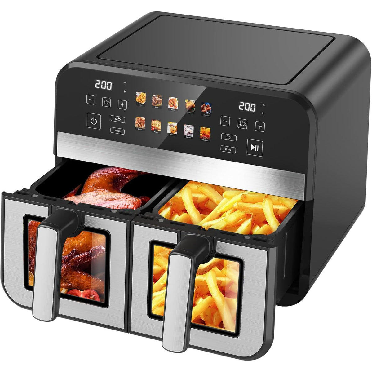 Dual Zone Air Fryer 10L 8 in 1 Double Drawer Viewing Window Family Size Cooker