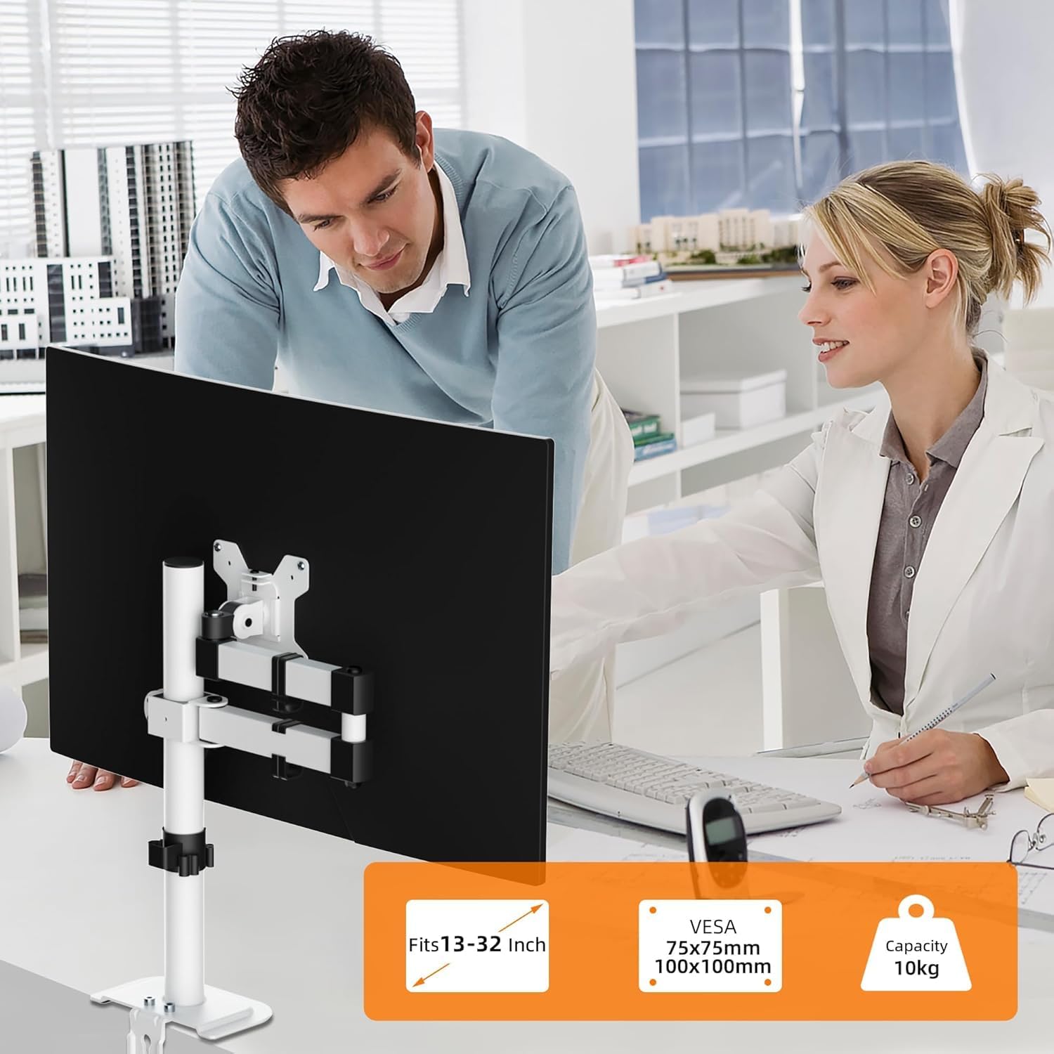 Single Monitor Arm 13-32 Inch 10kg Adjustable VESA Desk Mount White Screen Stand