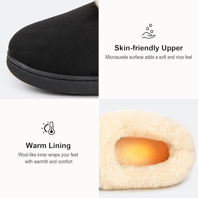 Black slipper with text highlighting skin-friendly upper and warm lining on a white background