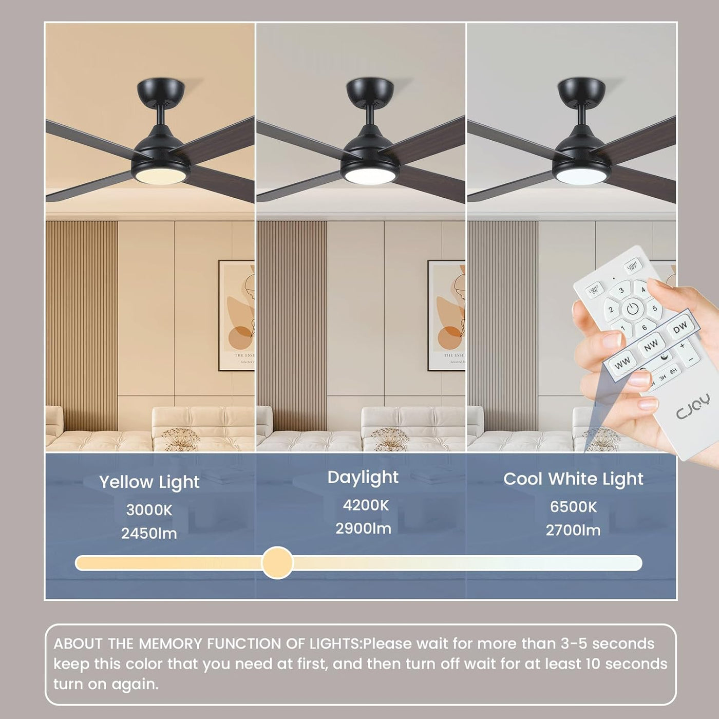 Ceiling Fan With Lights 48 Inch Remote Quiet Reversible Black CJOY