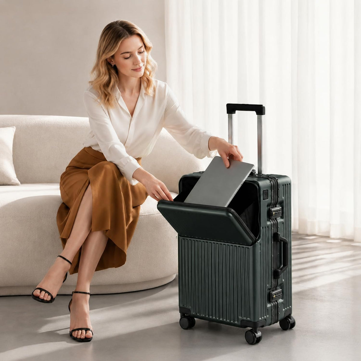 20 Inch Carry On Suitcase TSA Lock Hard Shell Aluminium Frame Green Cabin Luggage