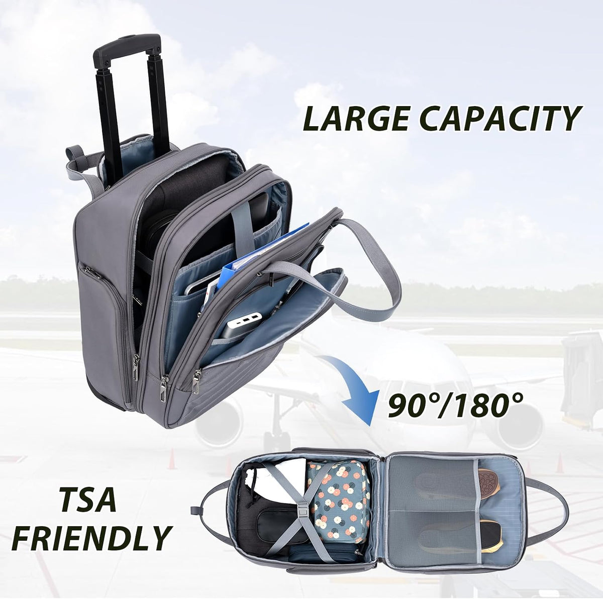 Rolling Laptop Backpack 16 Inch Underseat Wheeled Travel Bag Grey VANKEAN