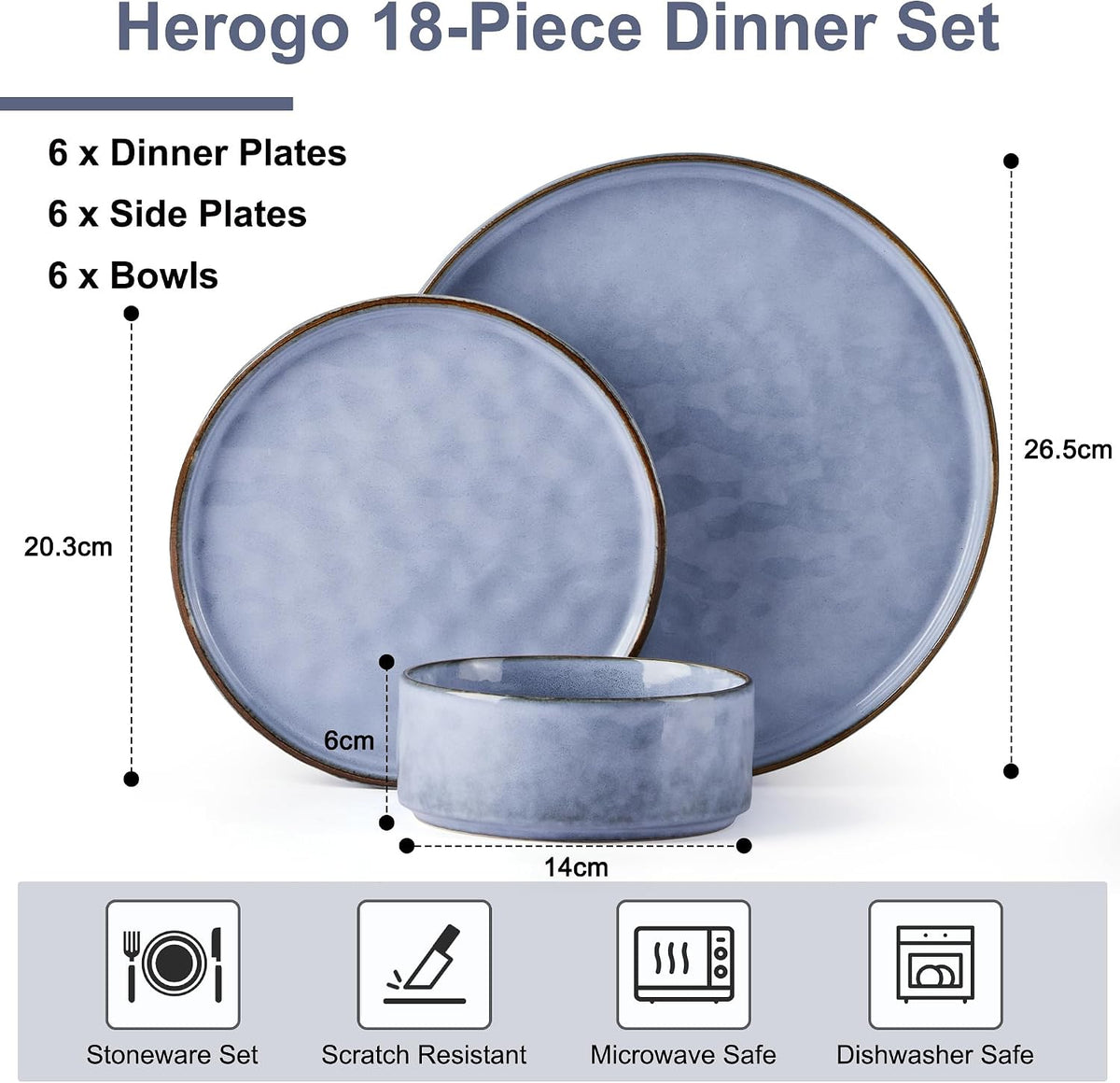 Stoneware Dinner Set 18 Piece Dinnerware Plates Bowls for 6 Gray Blue Herogo