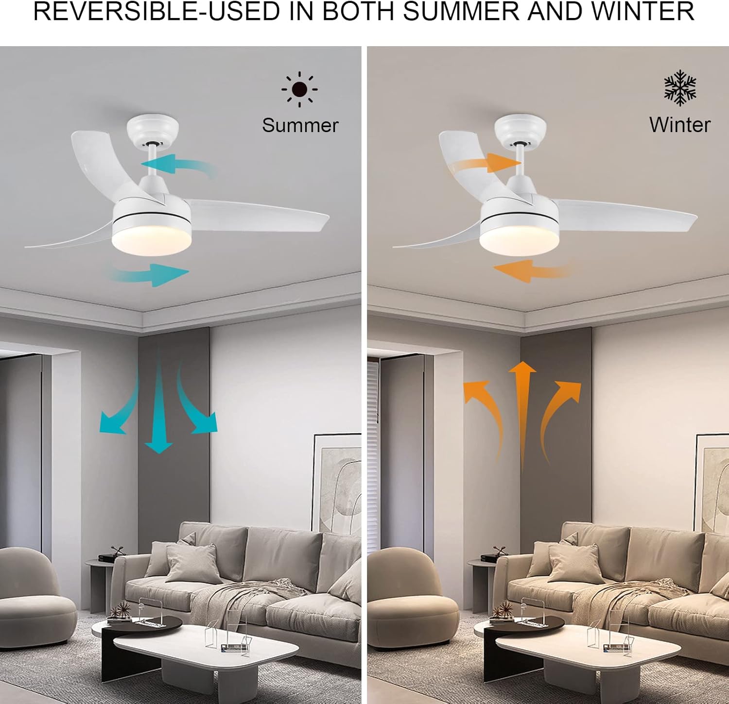Ceiling fan reversible for summer and winter use in a living room setting.