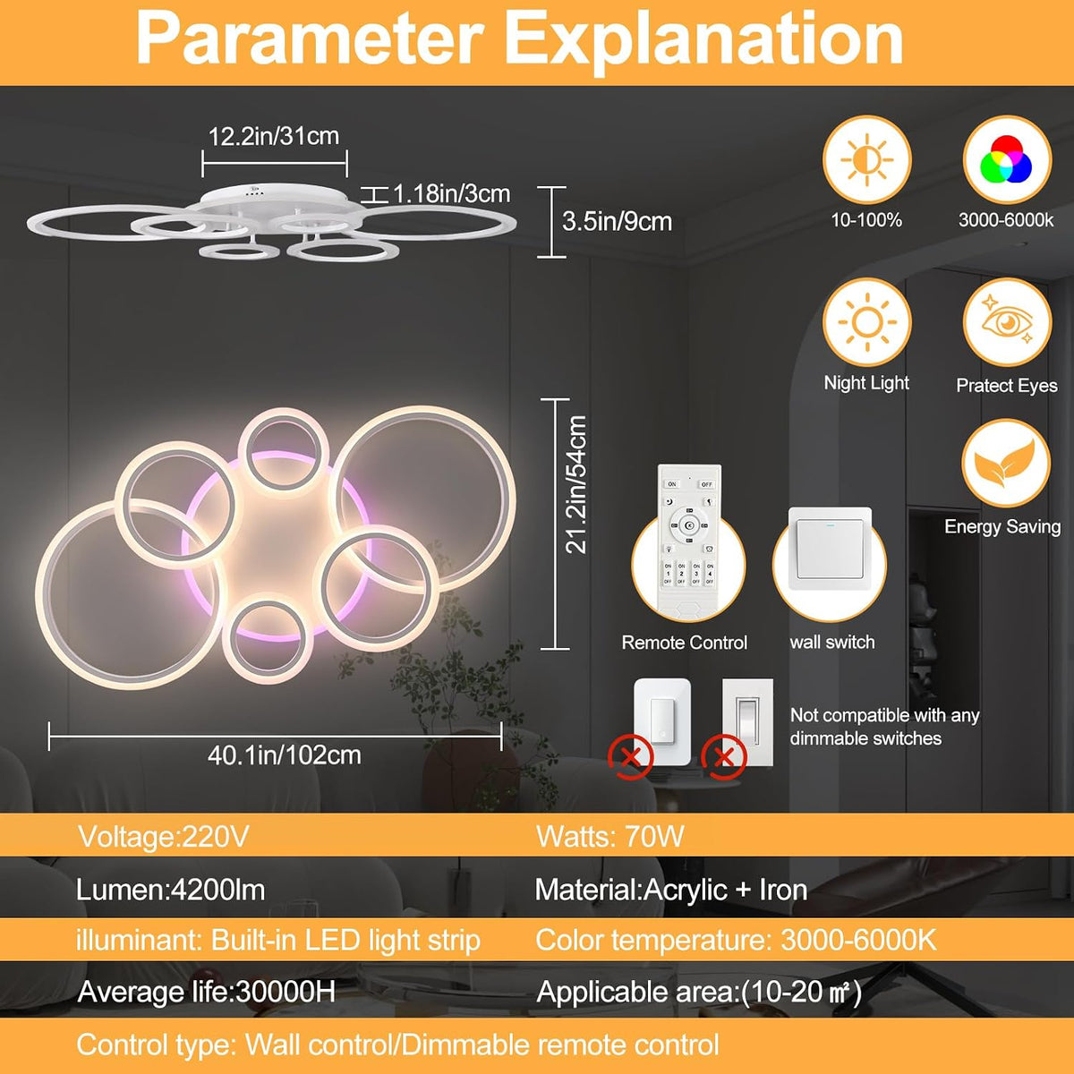 LED Ceiling Light 70W Dimmable Remote 6 Ring Flush Mount Modern Ceiling Lamp Home