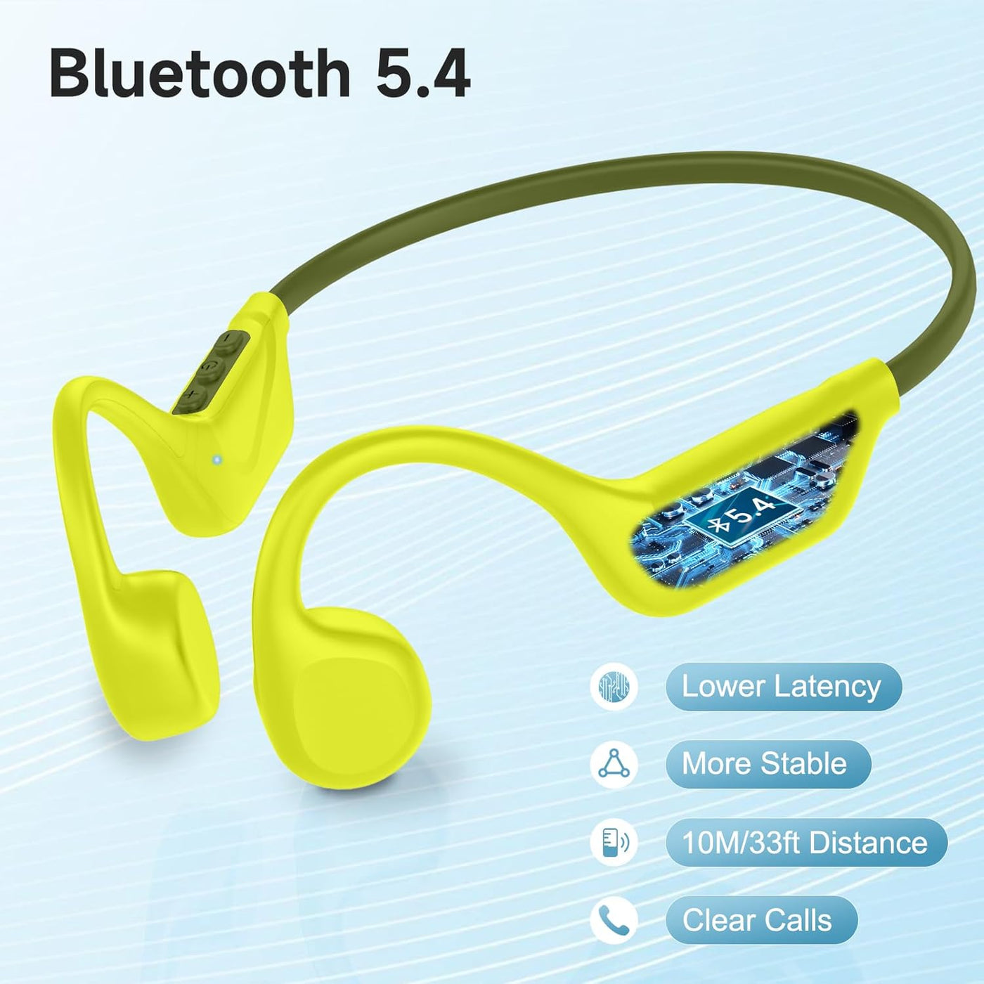 Yellow wireless earbuds with green strap on a light blue background, featuring Bluetooth 5.4 text.
