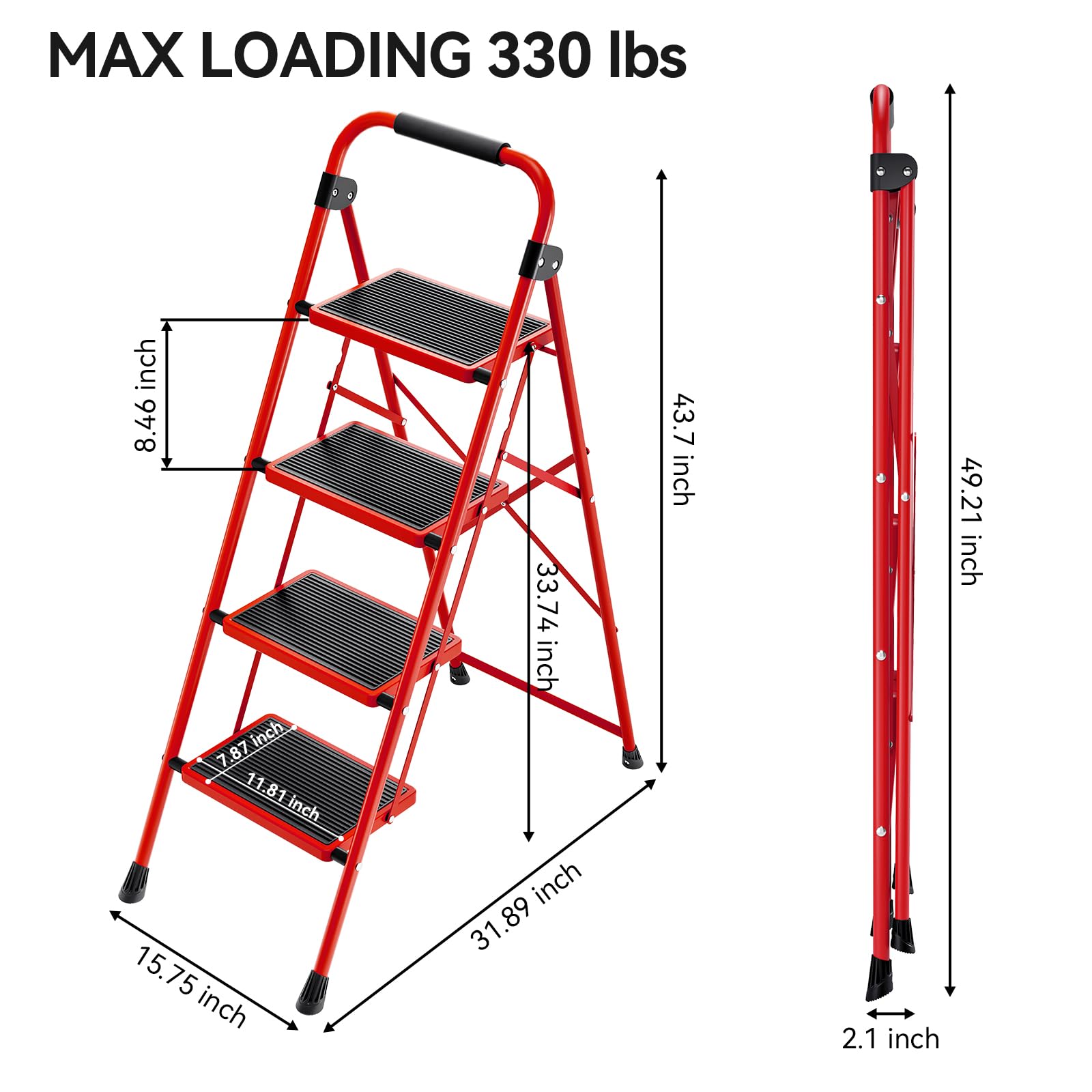 Red step ladder with dimensions and maximum loading capacity on a white background