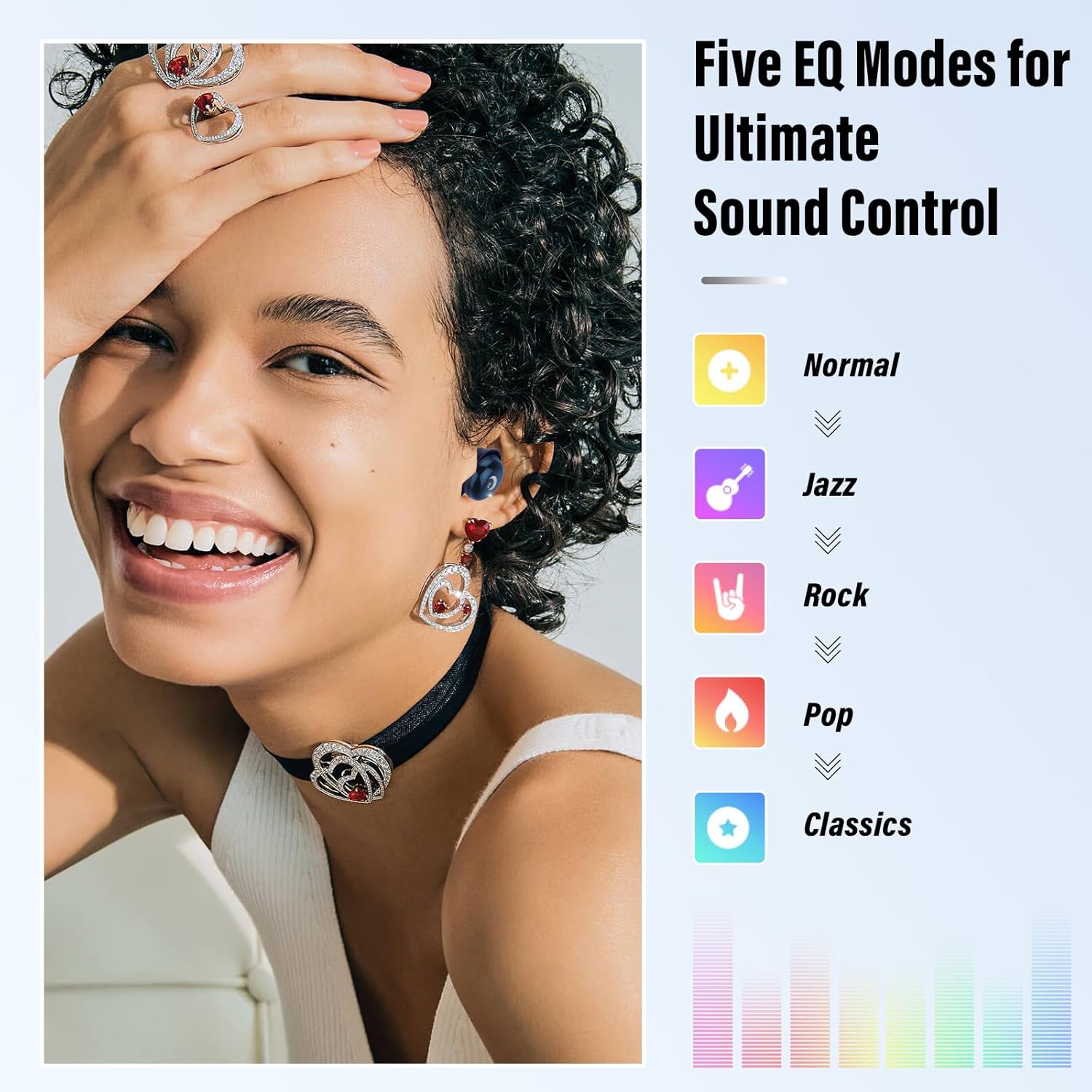 Woman with jewelry and a sound control mode graphic on a white background