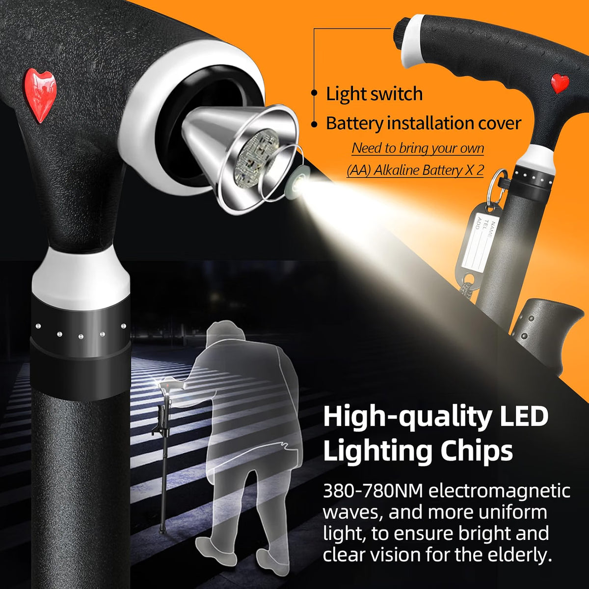 Adjustable Walking Stick Light 2nd Handle Extra Support Seniors Men Women Cane