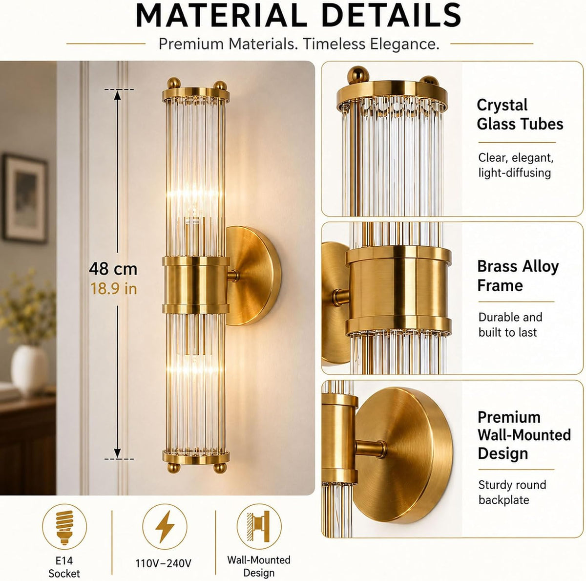 Crystal Glass Wall Light 48cm Brass Alloy 2 Light E14 Modern Wall Sconce Indoor