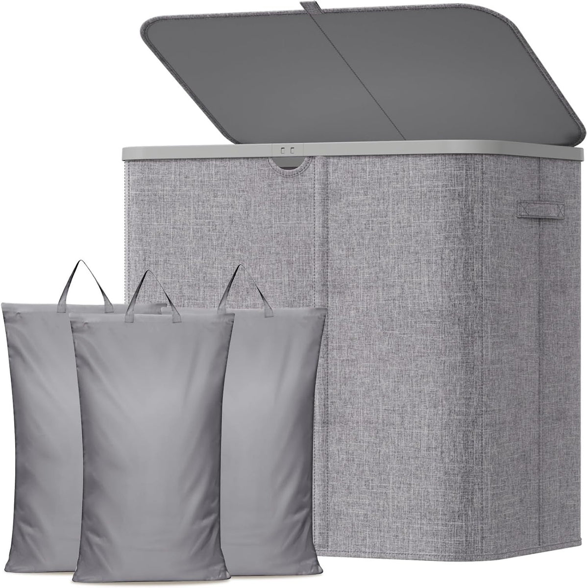 Laundry Basket 150L 3 Compartments Lid Removable Bags Foldable Grey Lifewit