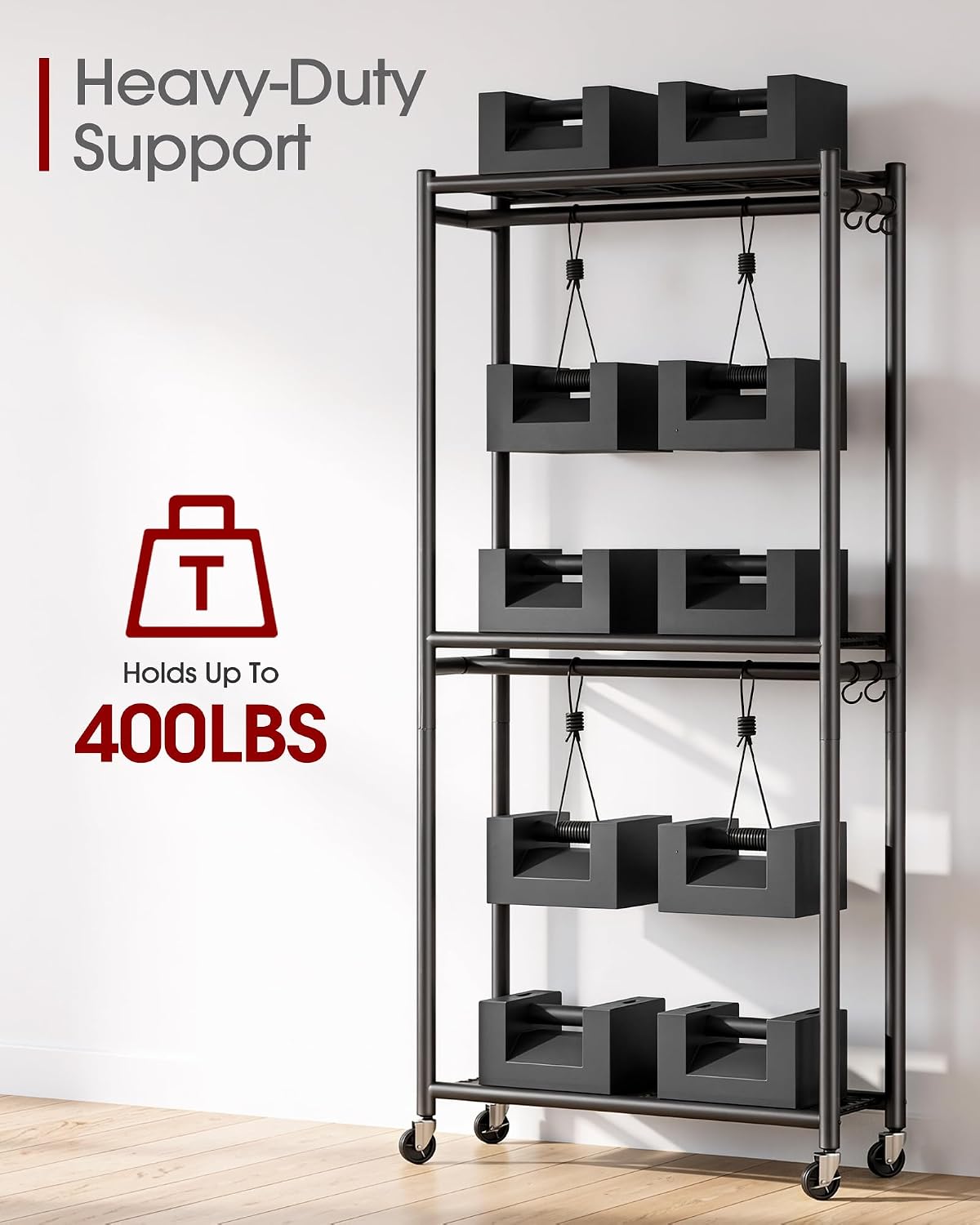 Clothing Rack 202cm Metal Garment Rail Shelves Hooks Wheels Black Sakugi Storage