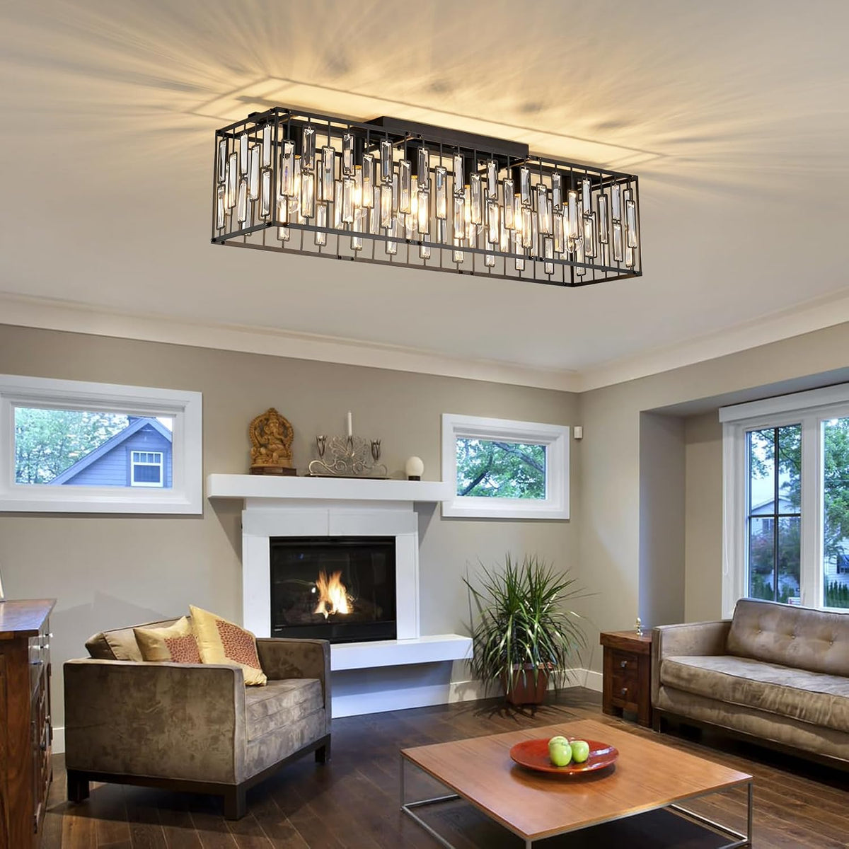 Crystal Ceiling Light 6 Light Black Rectangular Chandelier E27 Modern JIINOO