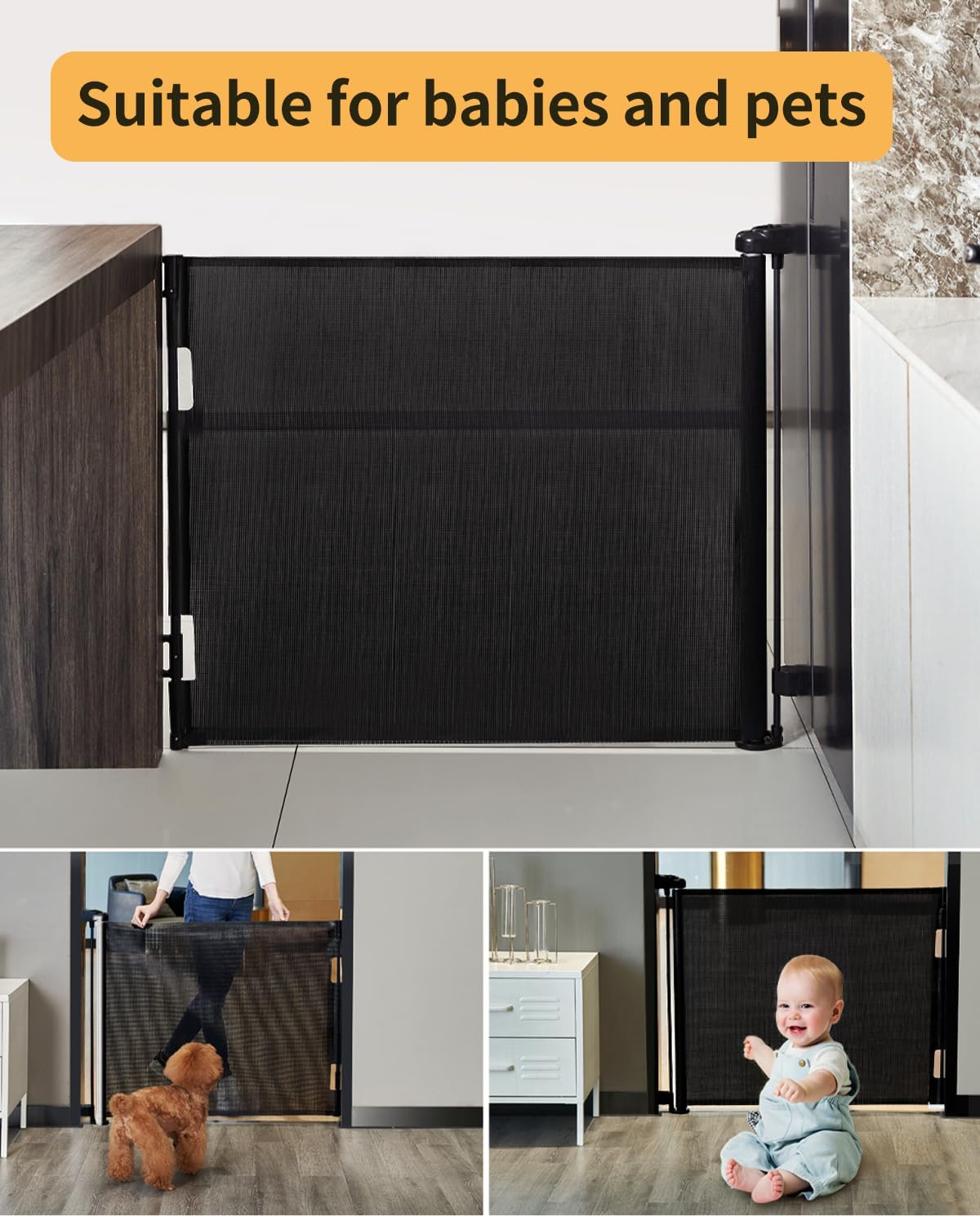 Retractable Baby Dog Gate 86x140cm Mesh Safety Gate Stairs Doorways Black Pet Gate