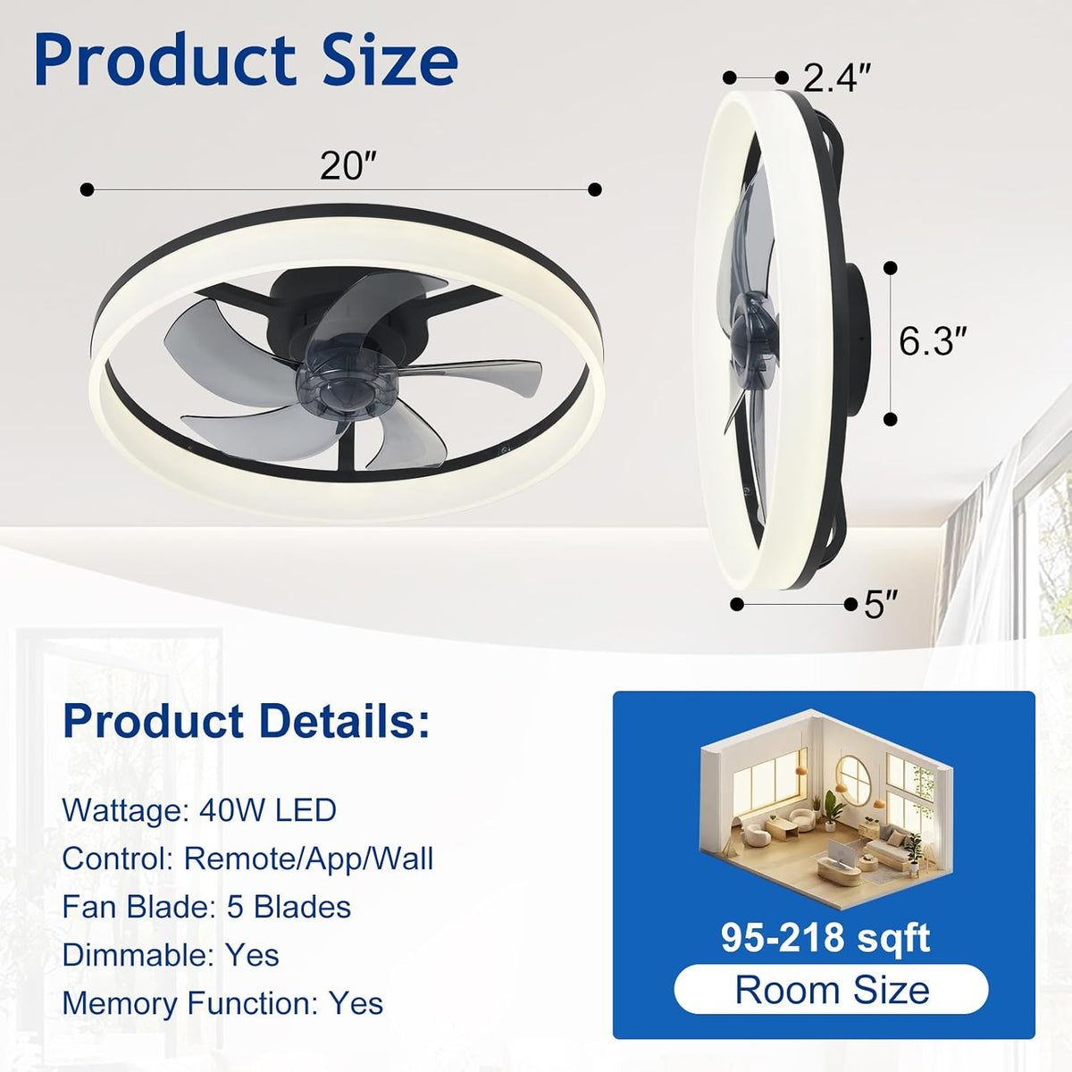 Ceiling Fan with Light 20 Inch LED Dimmable App Remote  Black Depuley Bladeless