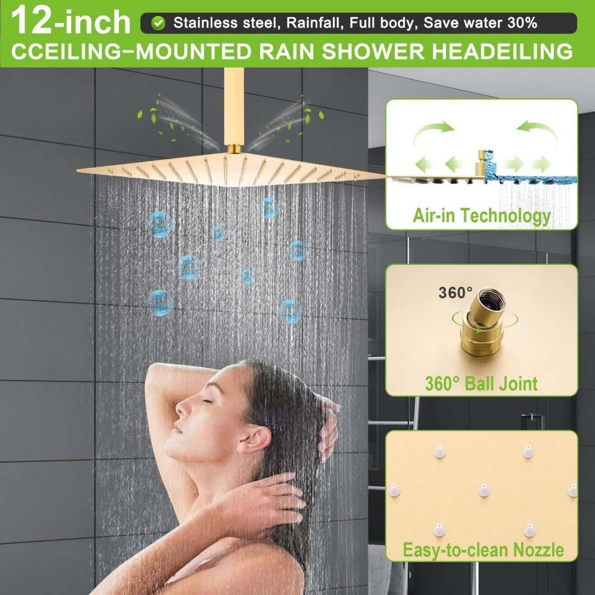 12 Inch Shower System Brass Mixer Waterfall Tub Spout Brushed Gold Bathroom Set