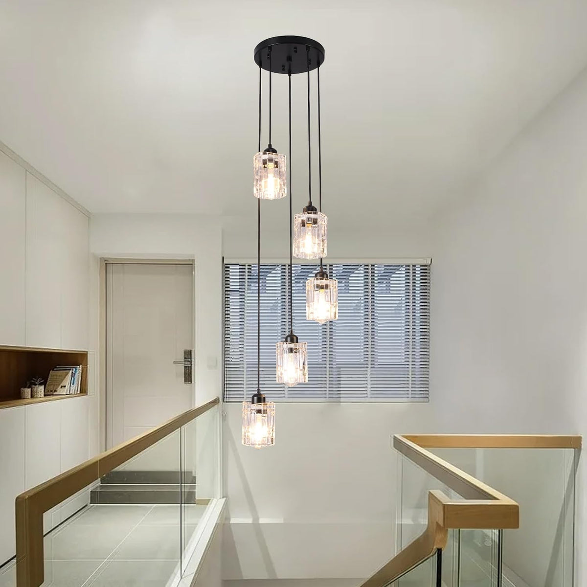 Crystal Pendant Chandelier 5 Light Long Drop Black High Ceiling Staircase Lighting