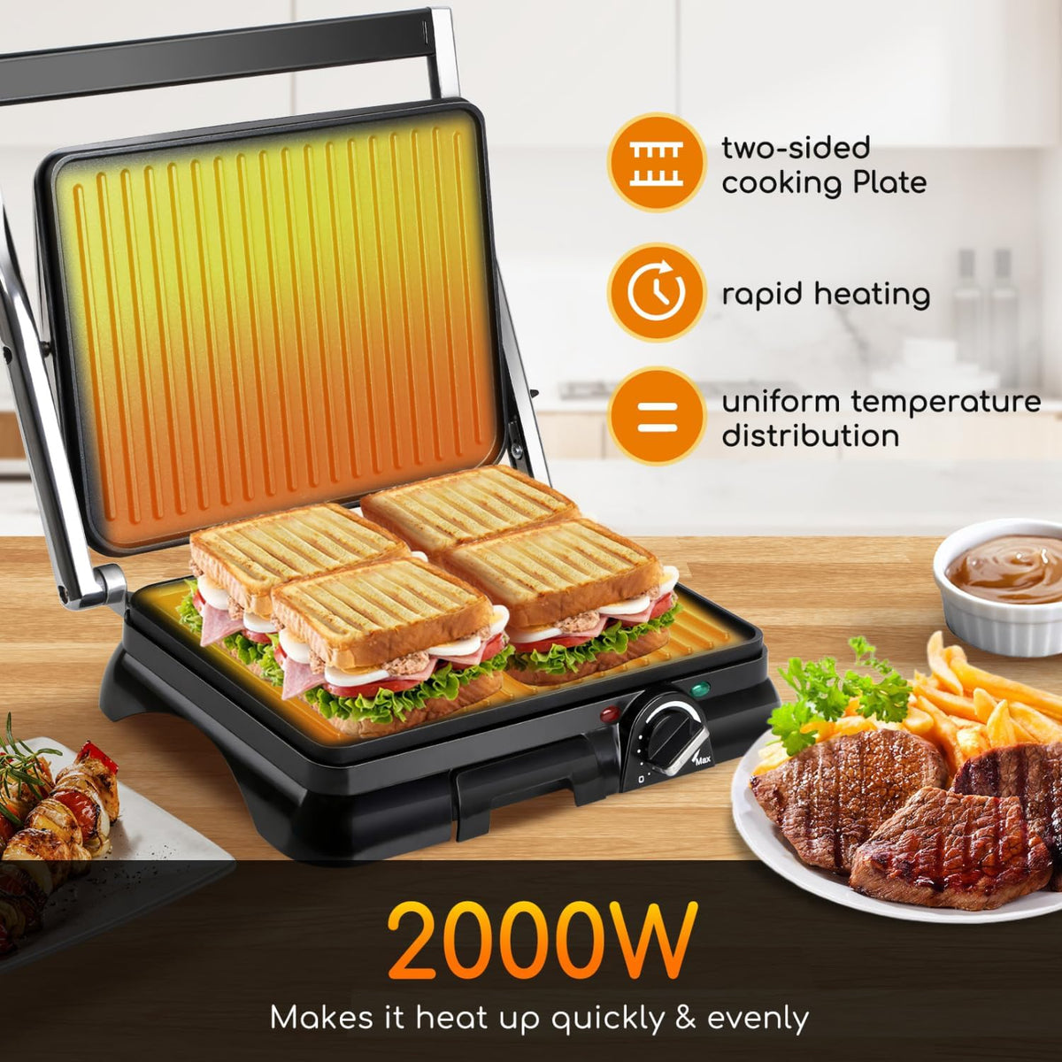 Panini Press 2000W Sandwich Toaster 180° Flat Open Large Grill Aigostar Electric