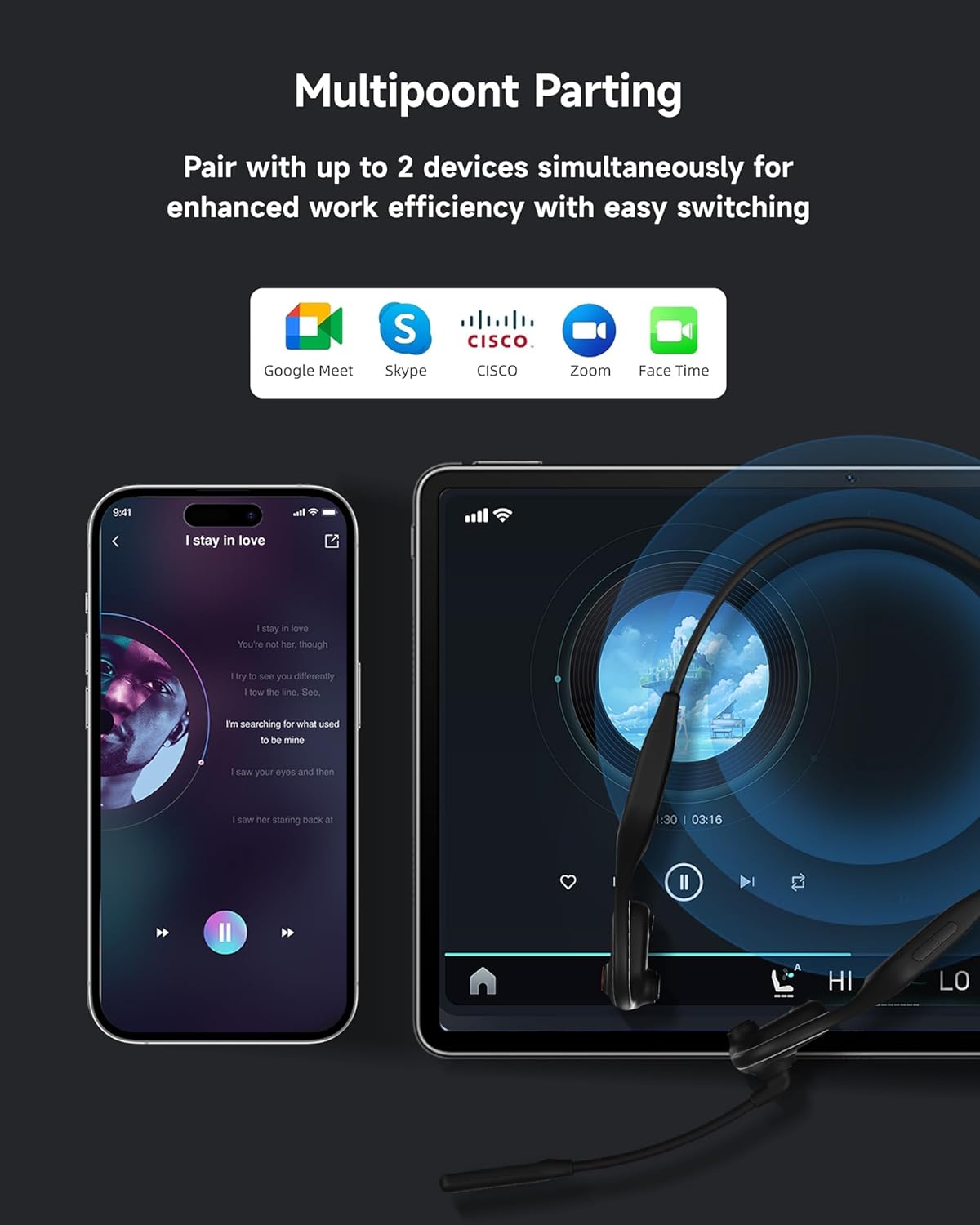 Smartphone and tablet with multipoint parting feature on a dark background